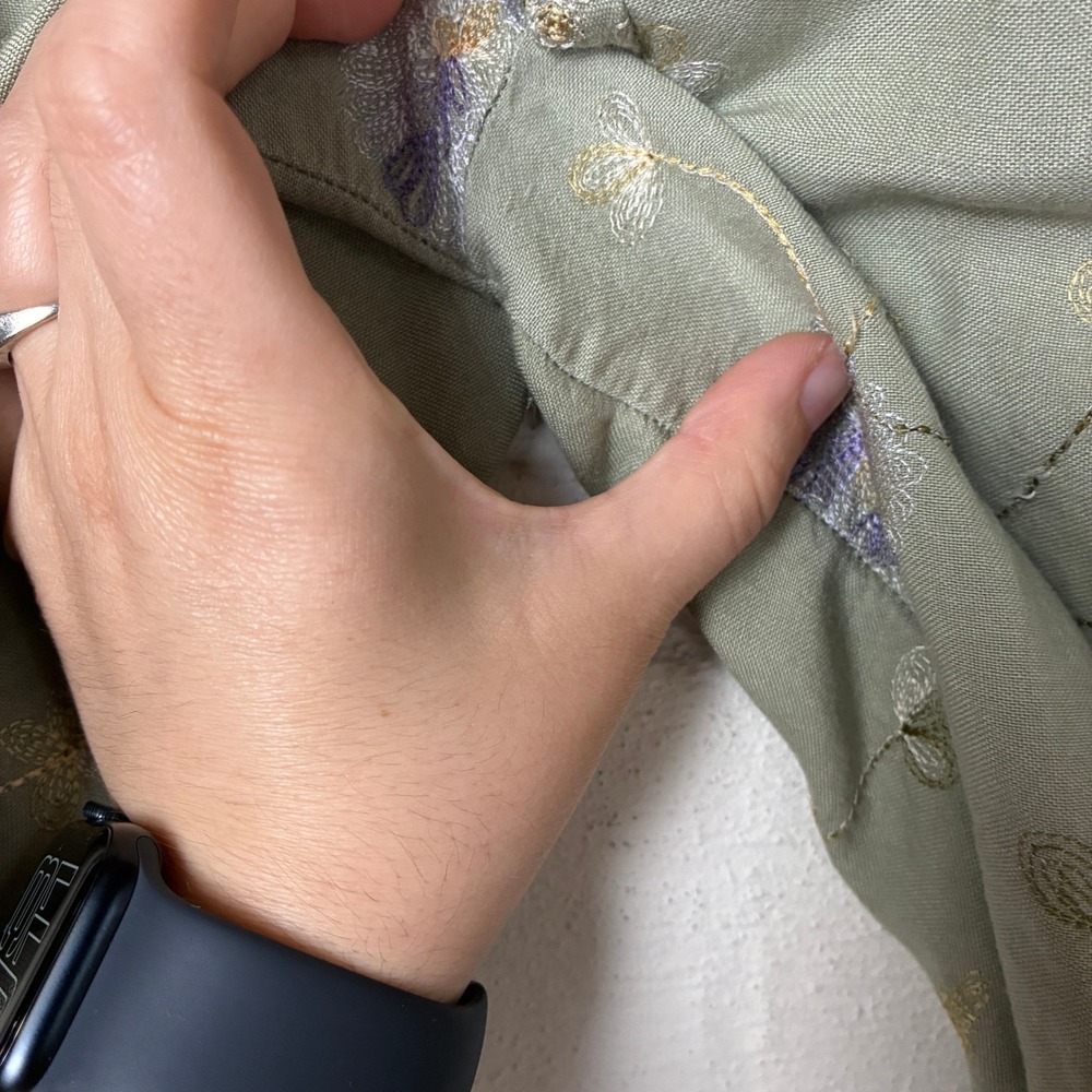 Vintage Pull On Linen Floral Embroidered Wide Leg Cropped Pant Size M Green - Picture 9 of 15